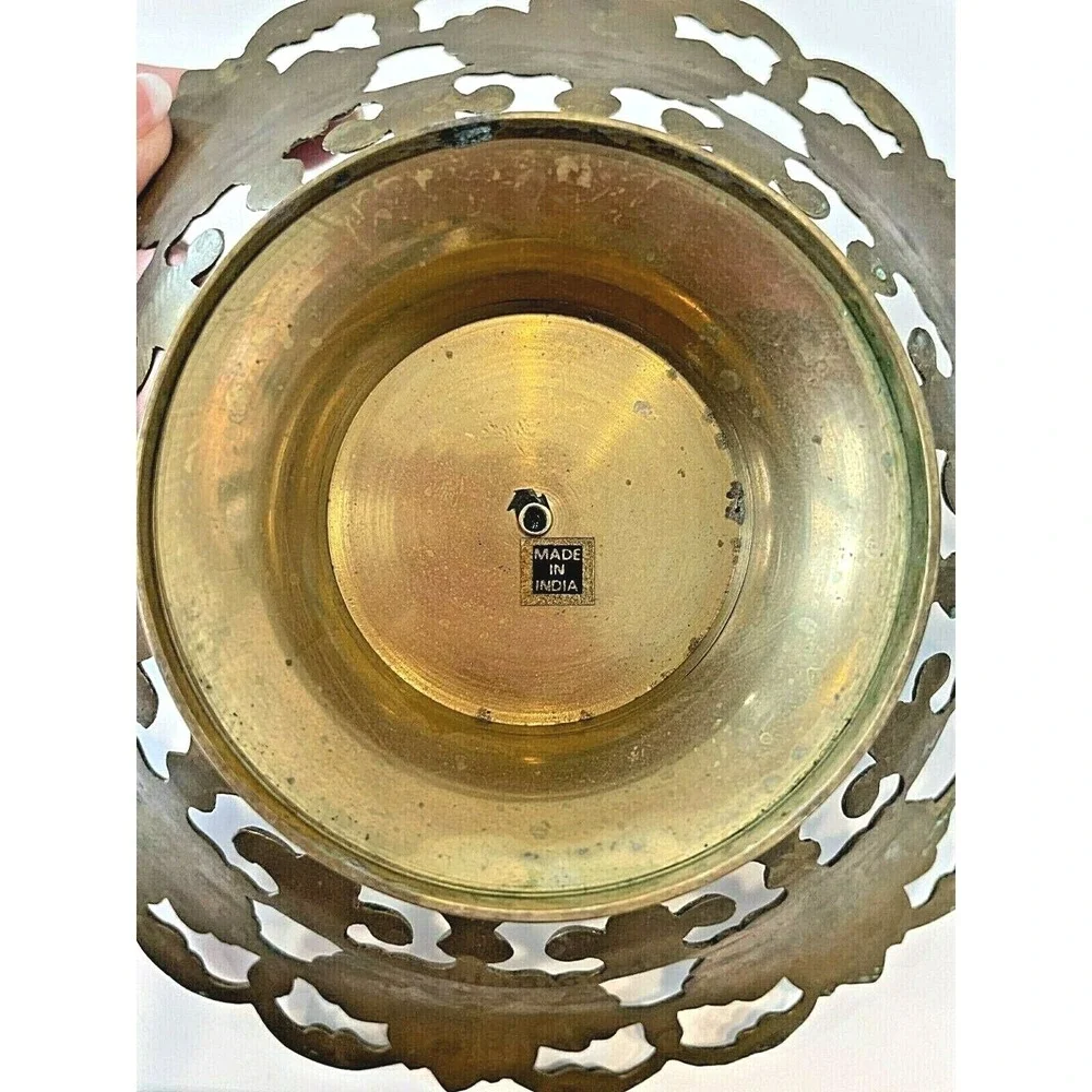 Vintage Brass Enamel Pedestal Bowl Reticulated Openwork Floral India Decorative